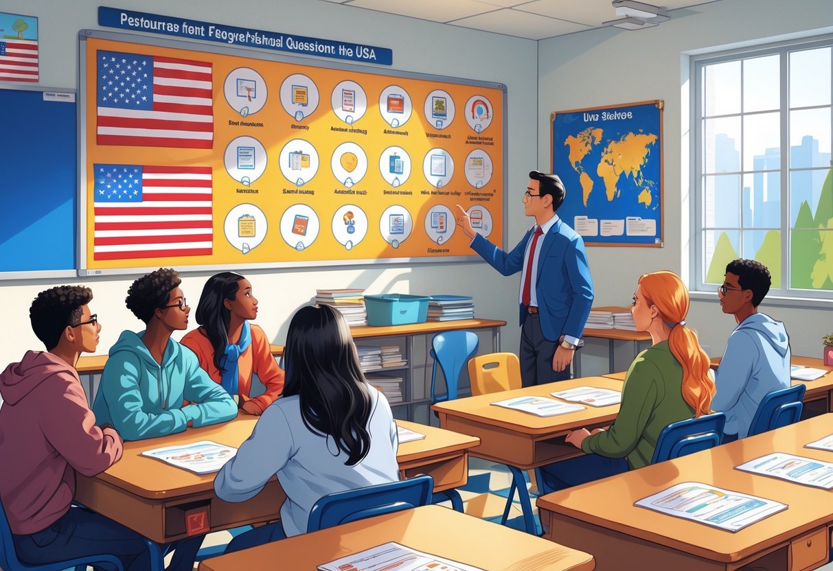 Teaching Resources USA: A Comprehensive Guide for Educators LearningMole A classroom scene showing a teacher and diverse students interacting with educational materials and visual icons related to questions and answers, with American-themed decorations in the background.