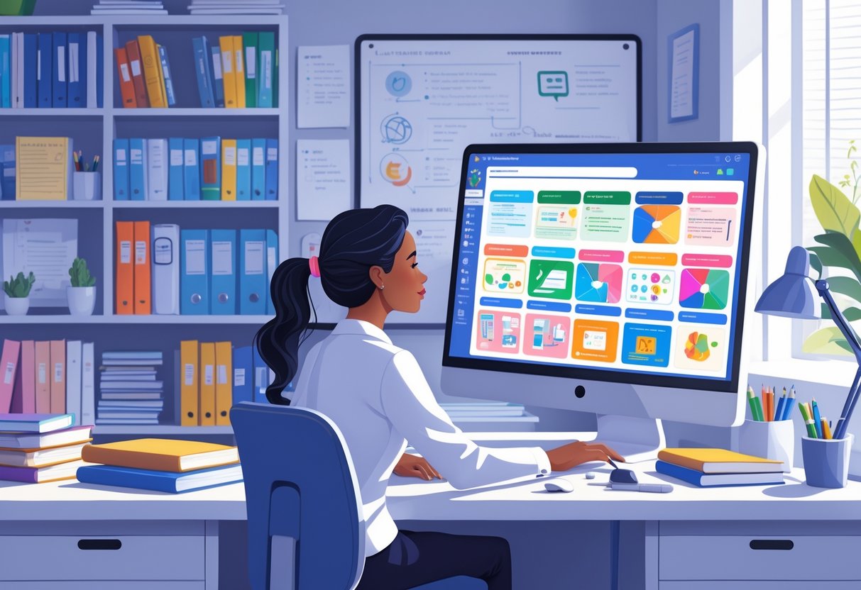 Teaching Resources Online: Top Sites, Tools & Tips for Educators LearningMole An educator sitting at a desk, looking at a computer screen with various teaching resources, surrounded by bookshelves and a whiteboard.