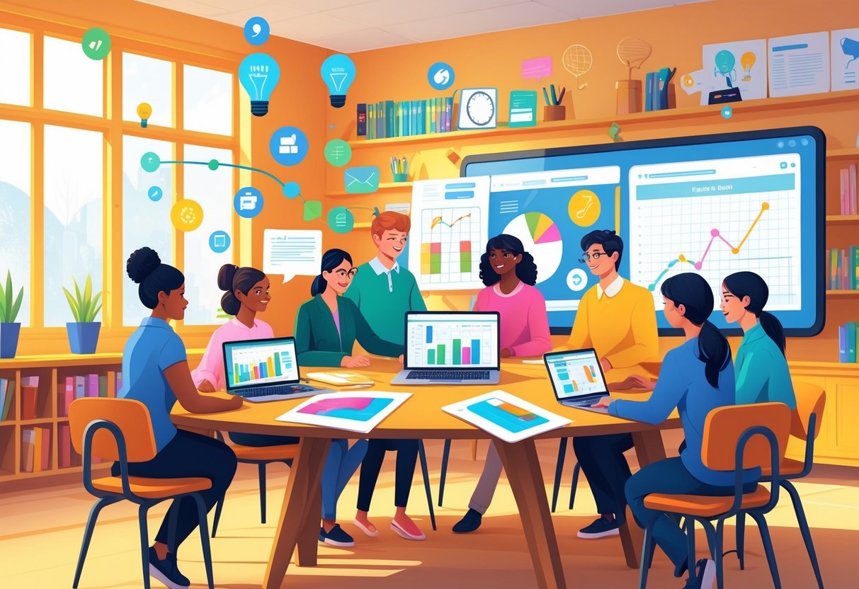 Teaching Resources Online: Top Sites, Tools & Tips for Educators LearningMole A group of teachers working together around a table with laptops and tablets, surrounded by educational materials and icons representing teaching resources and budget-friendly tools in a bright classroom.