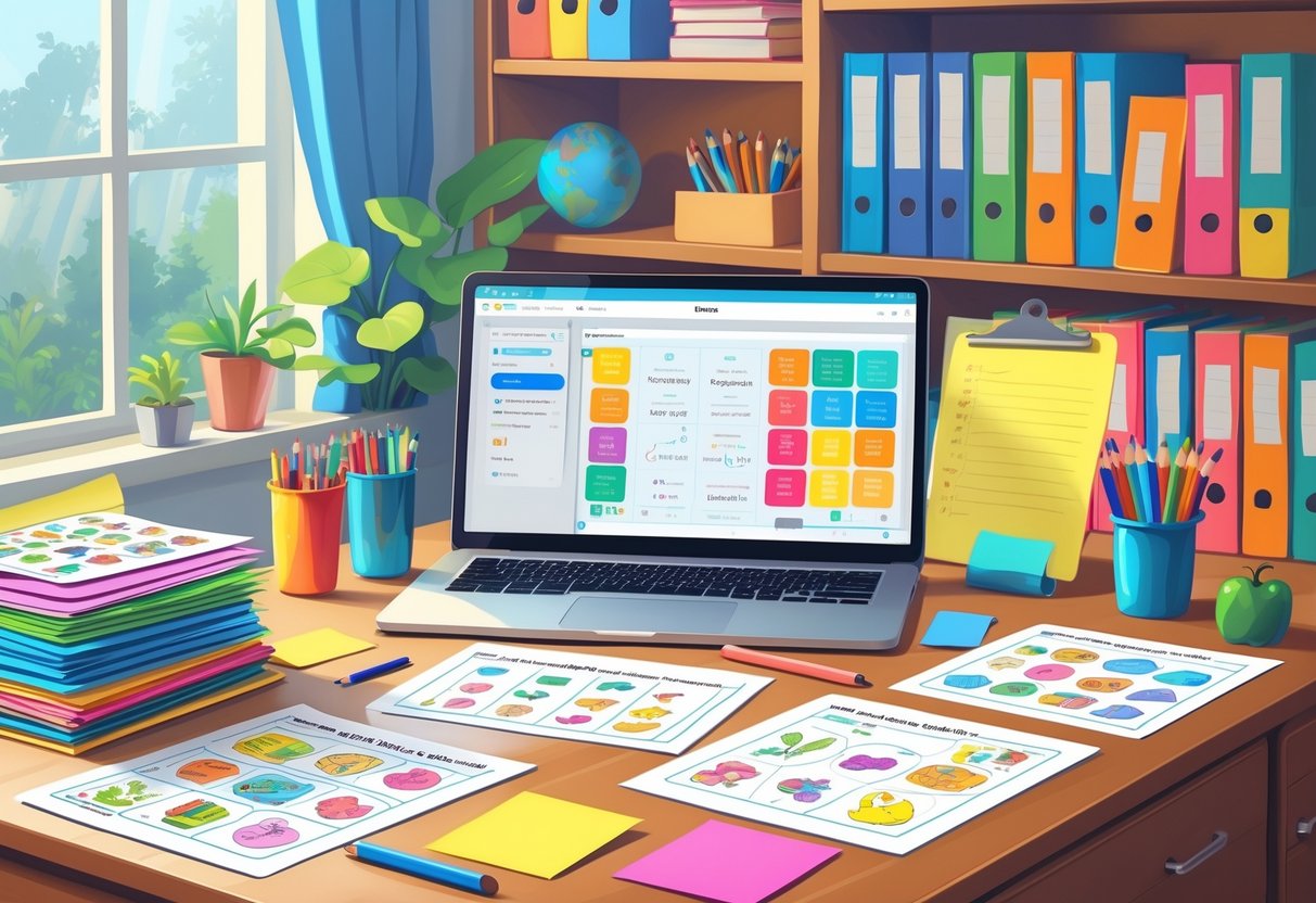 Teaching Resources Online: Top Sites, Tools & Tips for Educators LearningMole A tidy teacher's desk with worksheets, printable activity sheets, writing tools, and a laptop in a well-lit educational workspace.