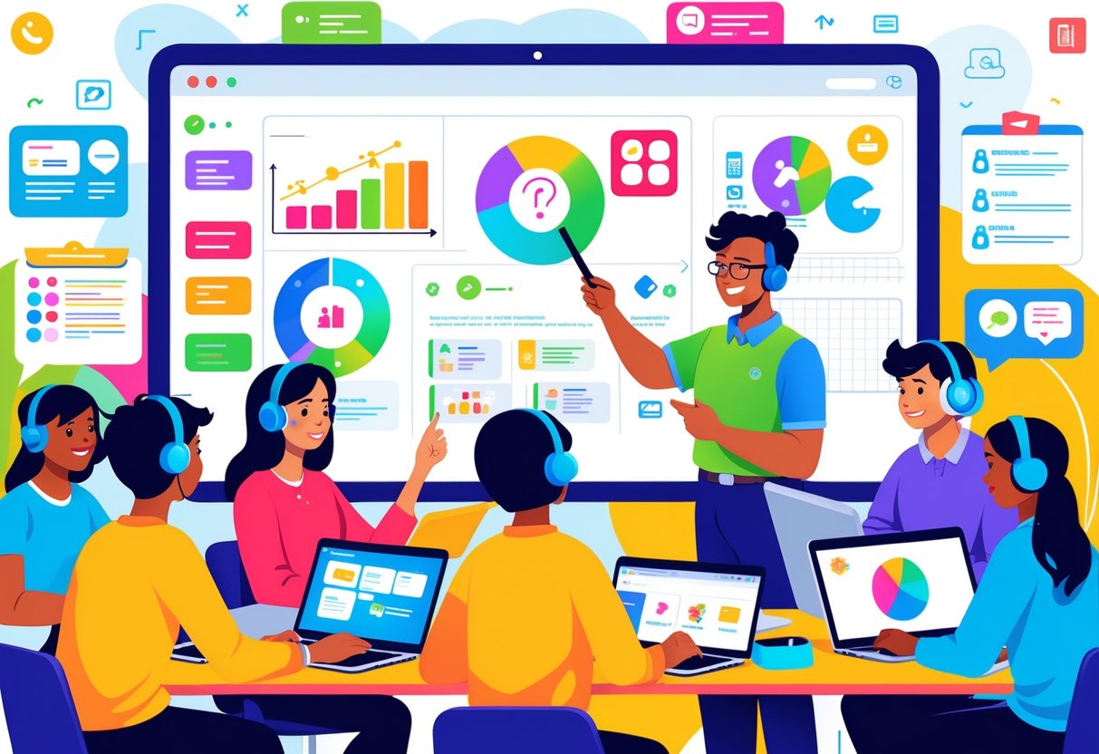 Teaching Resources Online: Top Sites, Tools & Tips for Educators LearningMole A teacher leading a group of students interacting with digital devices and a large screen showing educational content in an online learning setting.