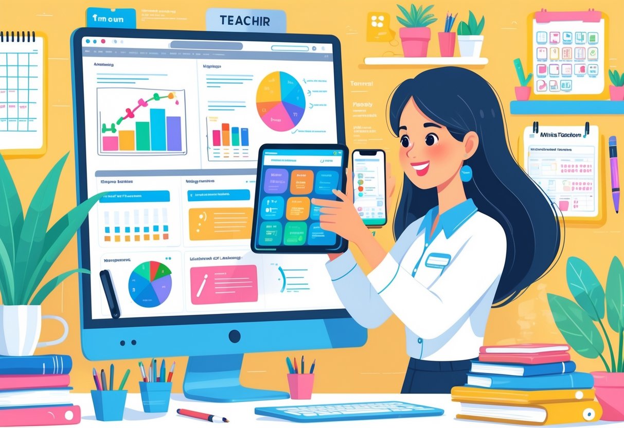 Teaching Resources Online: Top Sites, Tools & Tips for Educators LearningMole A teacher working with multiple digital devices displaying educational resources in a bright, organised room filled with books and plants.