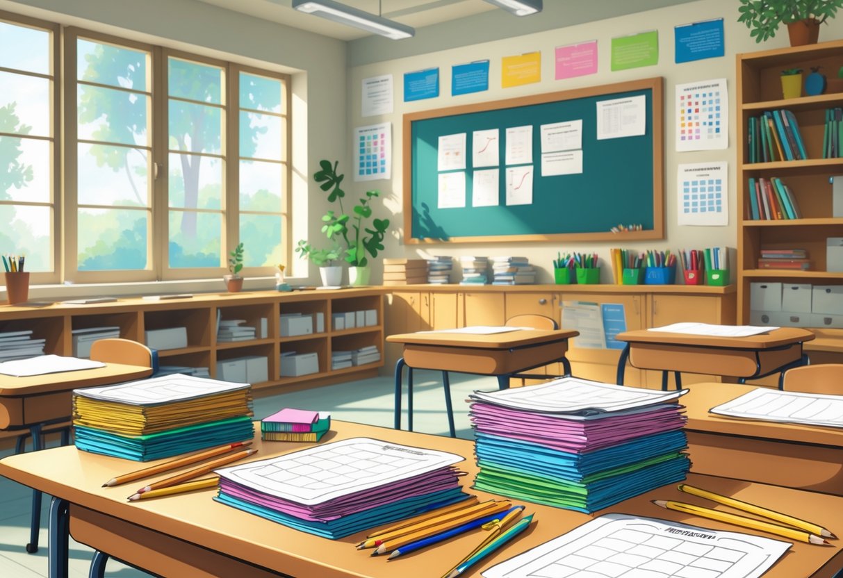 Downloadable Teaching Resources: The Ultimate Guide for Educators LearningMole A classroom with a teacher's desk holding colourful worksheets and stationery, shelves with books, and student desks arranged neatly.