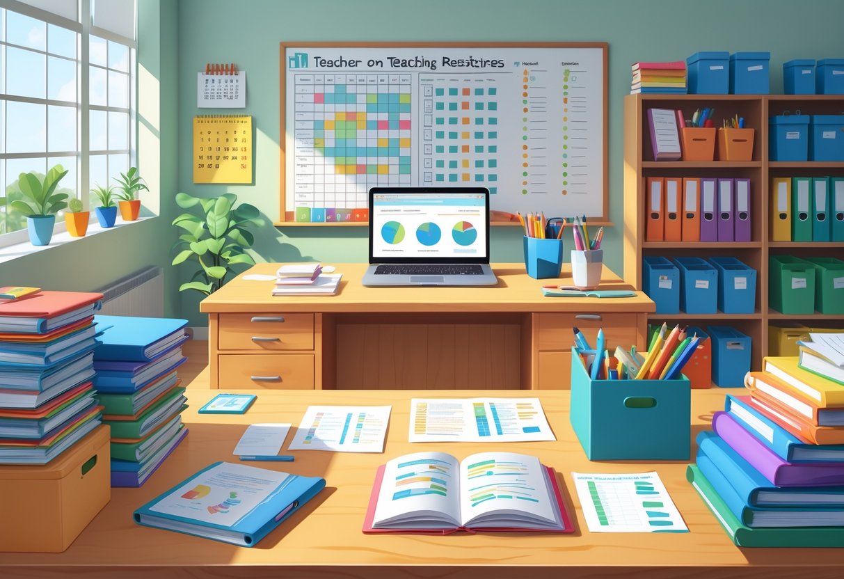 Downloadable Teaching Resources: The Ultimate Guide for Educators LearningMole A teacher's organised workspace with folders, books, a laptop, and shelves filled with teaching materials.