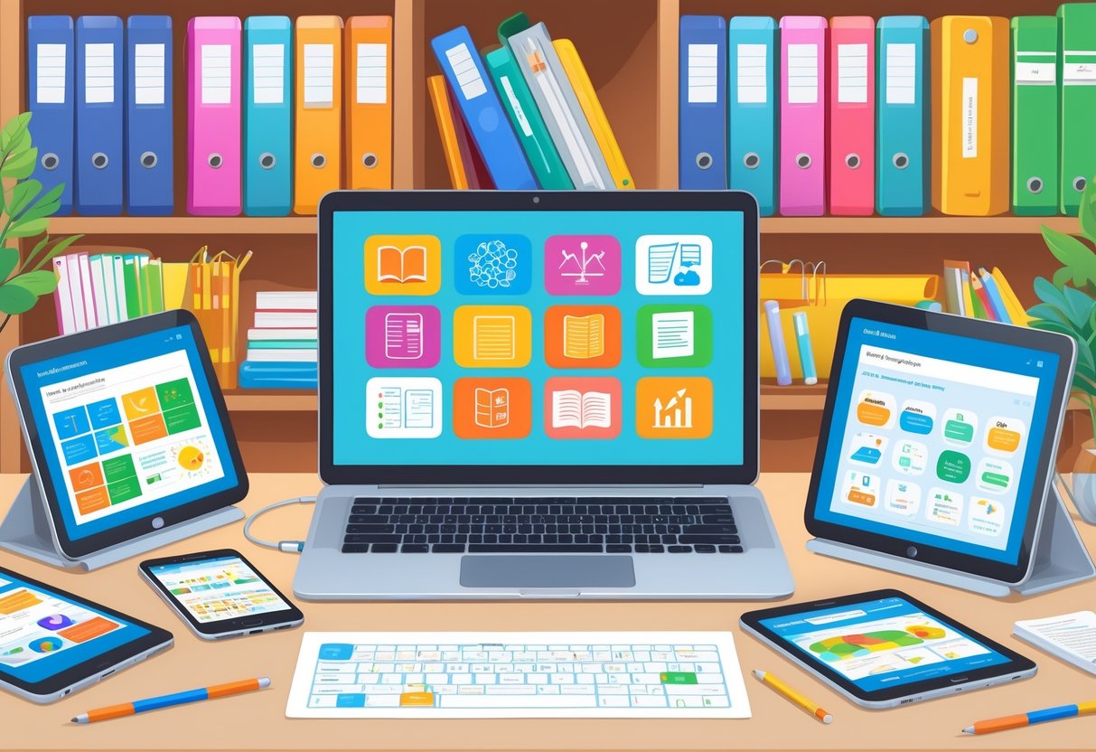 Downloadable Teaching Resources: The Ultimate Guide for Educators LearningMole A workspace with a laptop, tablets, and books showing digital teaching materials and resources arranged neatly.