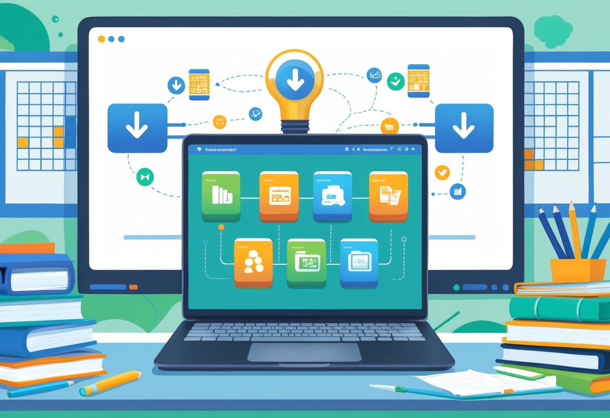Downloadable Teaching Resources: The Ultimate Guide for Educators LearningMole A laptop on a desk surrounded by books and stationery, with a digital screen in the background showing symbols of downloadable educational content.