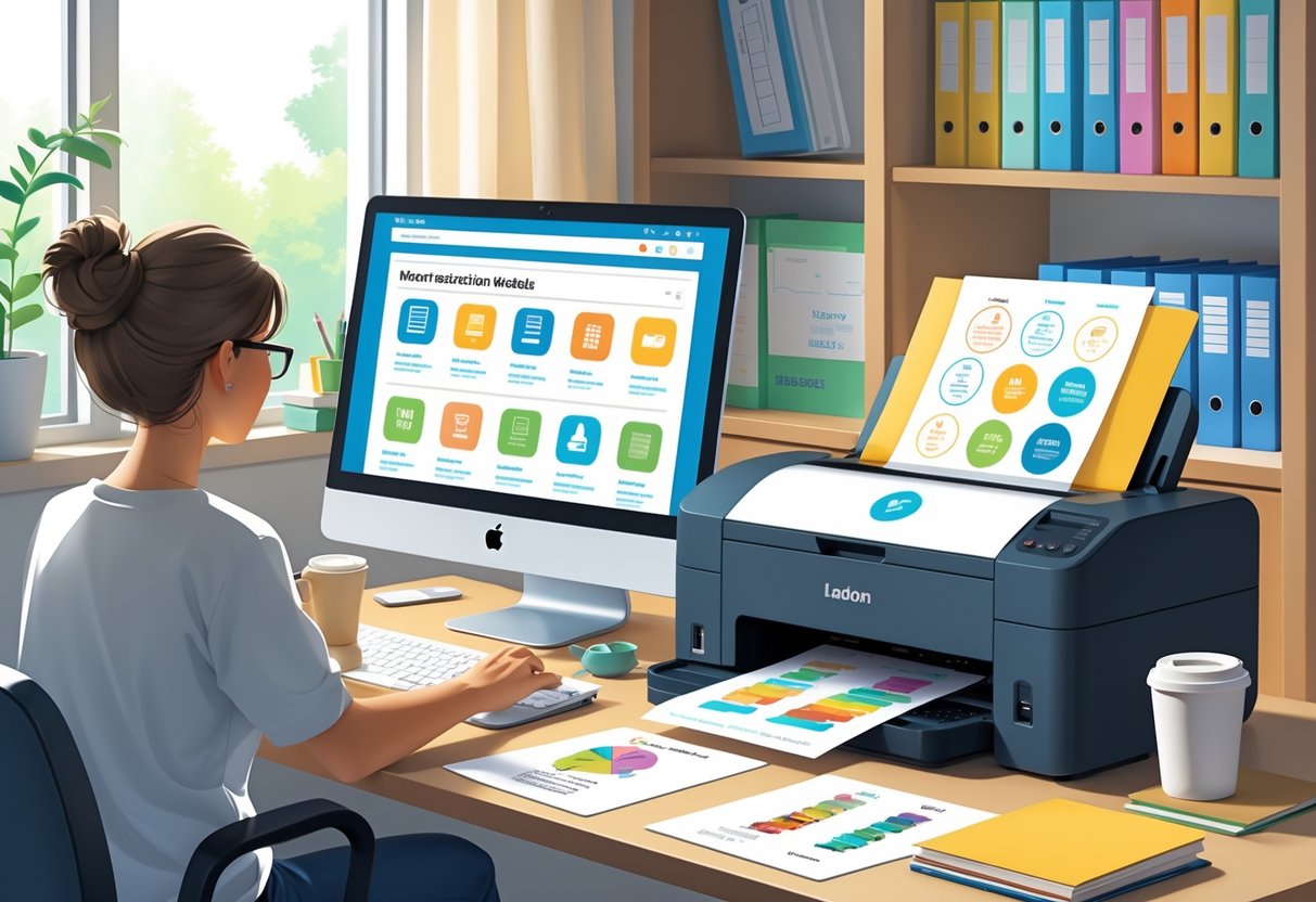 Printable Teaching Resources for Ages 3 to 11 Printable teaching resources,printables,worksheets LearningMole Printable Teaching Resources: A person at a desk using a computer and printer to access and print teaching resources in a tidy room with shelves of books.