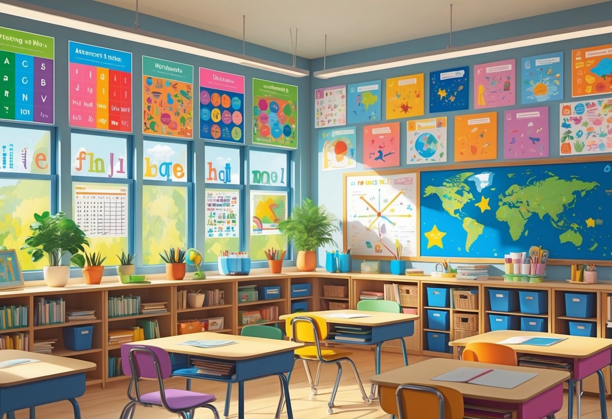 A colourful classroom decorated with educational posters, student artwork, and organised shelves filled with books and supplies.