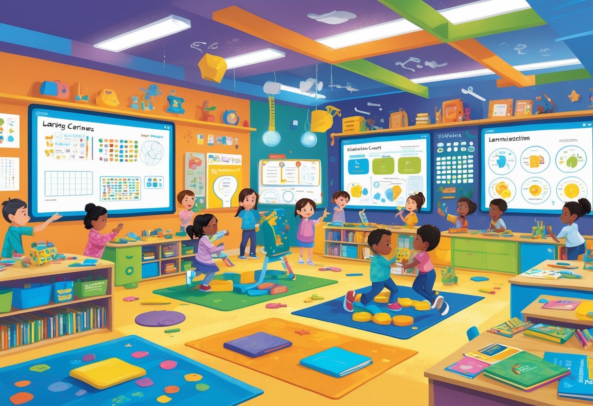A classroom with children using different learning stations filled with educational materials and interactive tools.