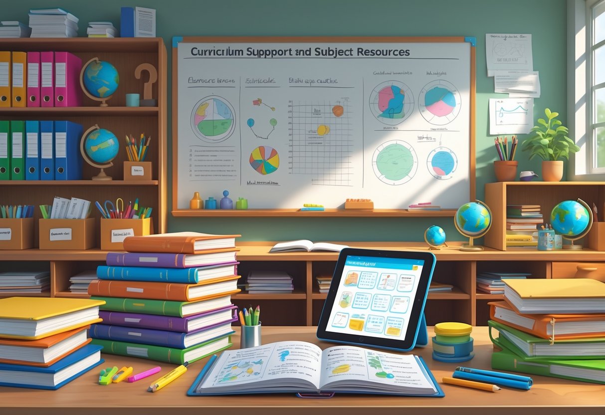 A classroom workspace with shelves of educational materials, textbooks, notebooks, a tablet, and a whiteboard with diagrams.