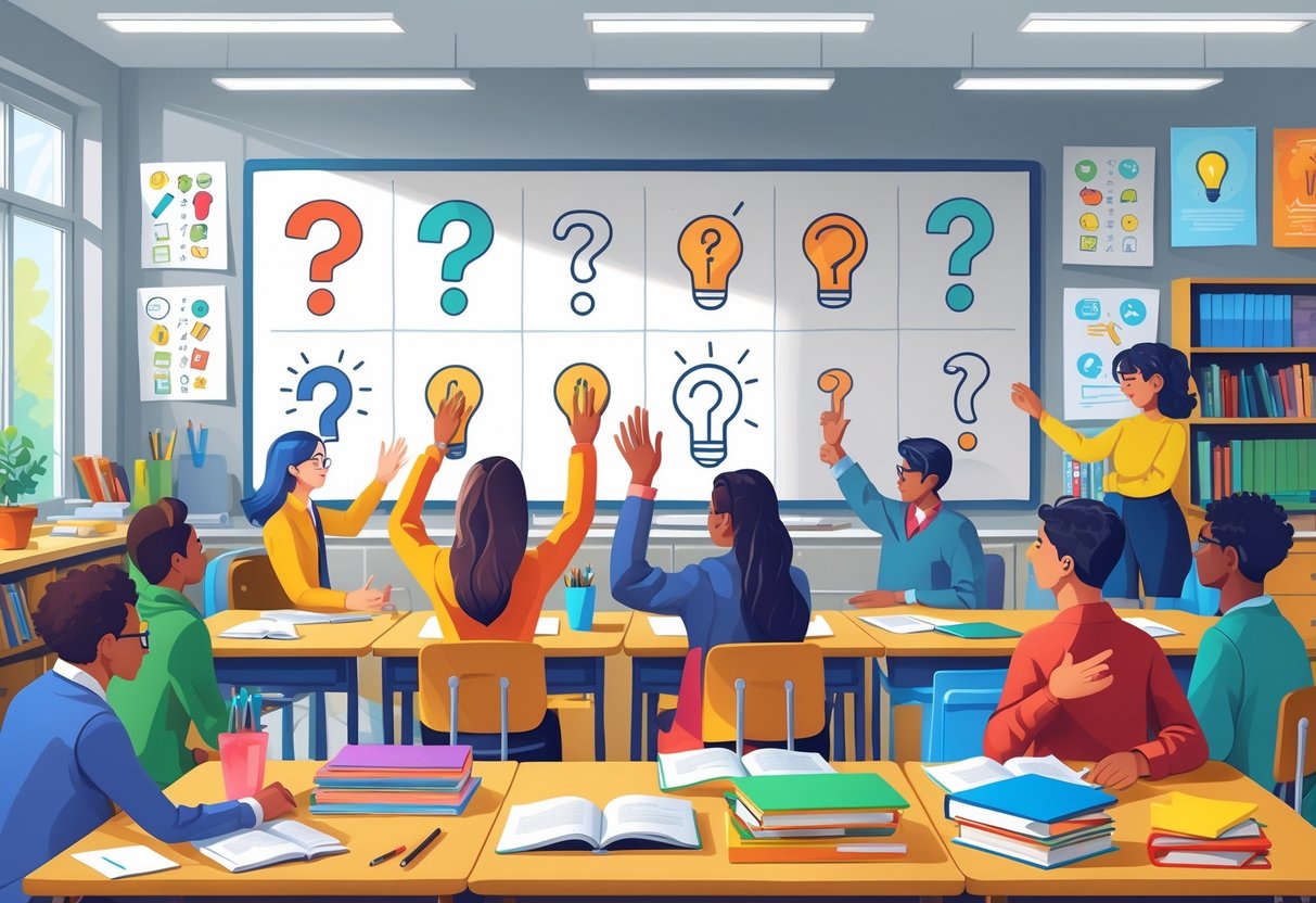 A classroom scene with a teacher's desk, students raising their hands, and a board showing icons representing questions and answers.