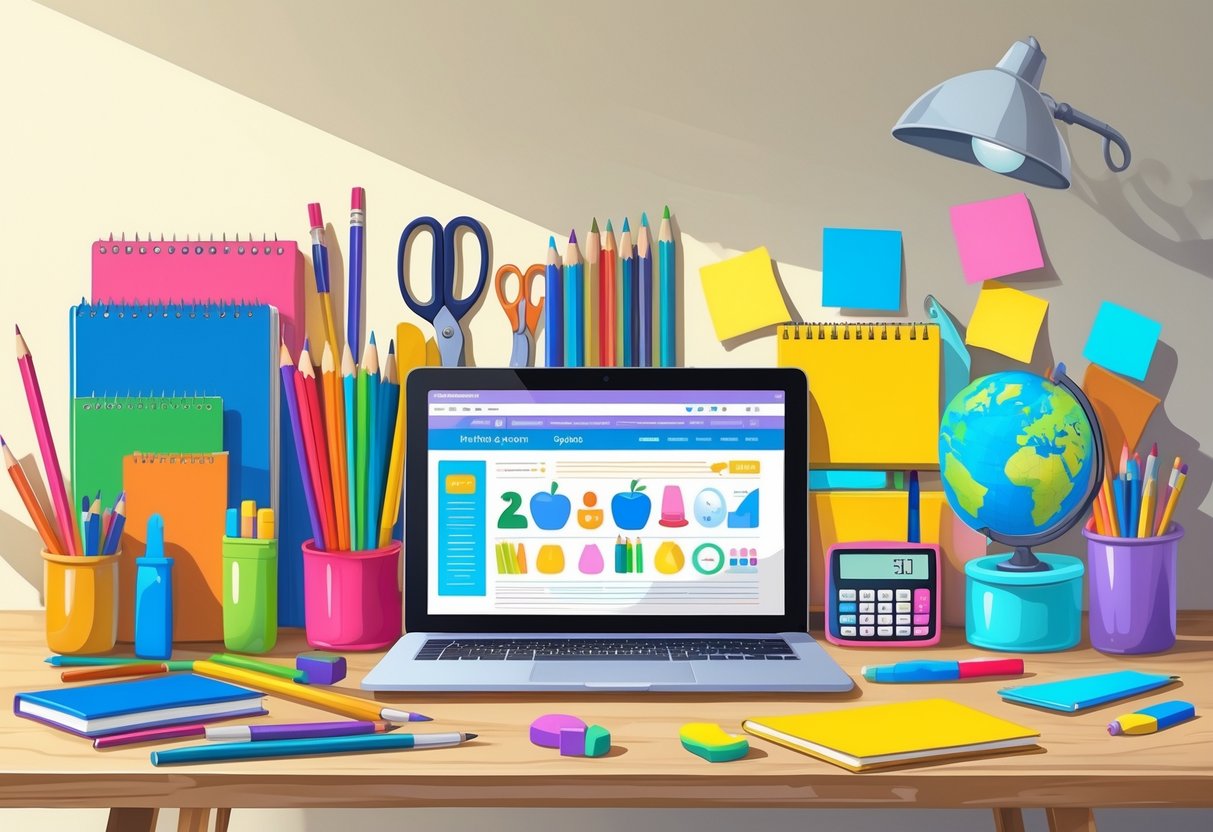 Teaching Supplies Online: The Ultimate Guide for Classrooms LearningMole A desk with various school and classroom supplies including notebooks, pens, pencils, scissors, a calculator, a globe, and a laptop showing an educational website.