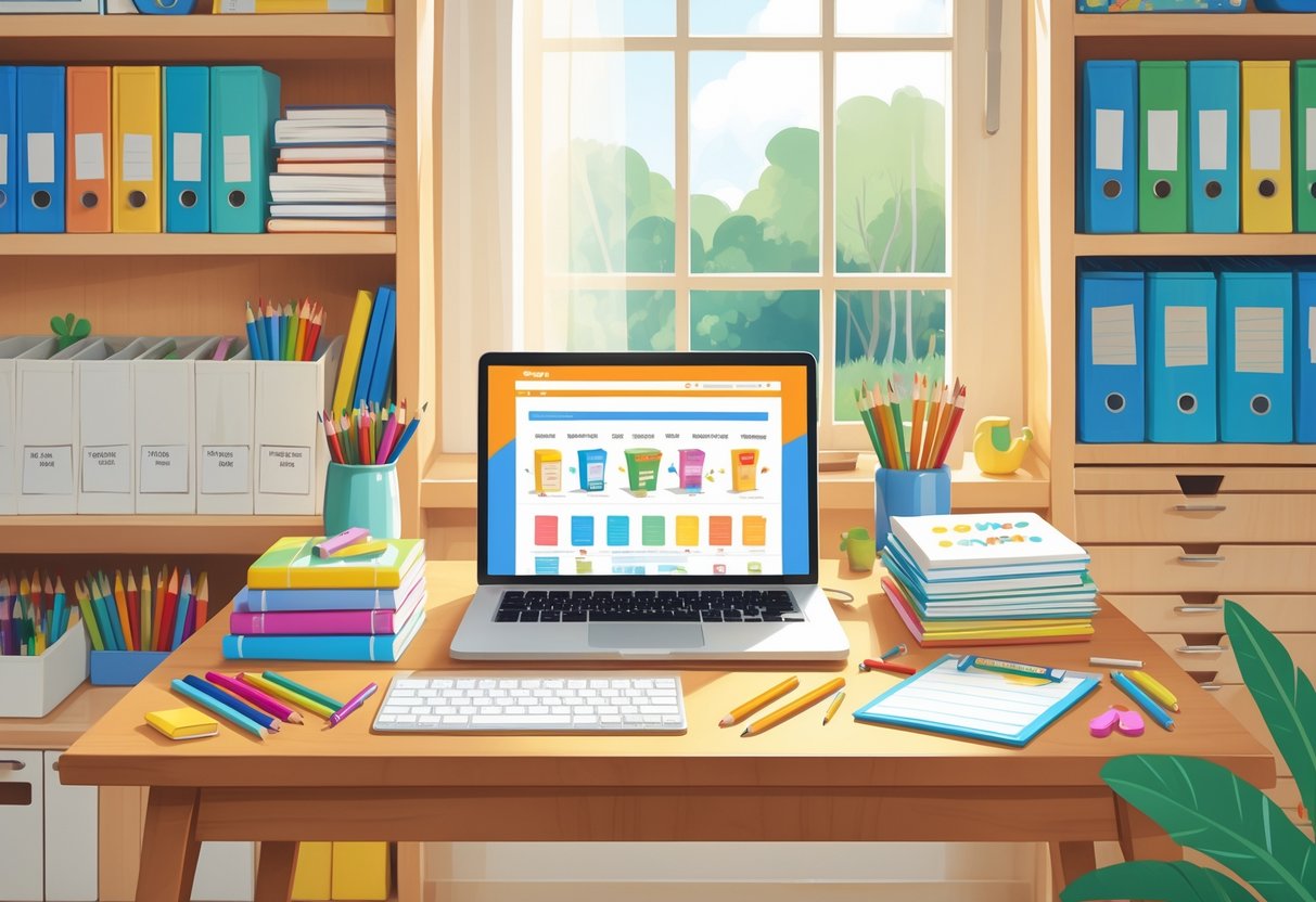 Teaching Supplies Online: The Ultimate Guide for Classrooms LearningMole A tidy desk with school supplies and a laptop showing an online shopping site, set in a bright room with shelves of educational materials.