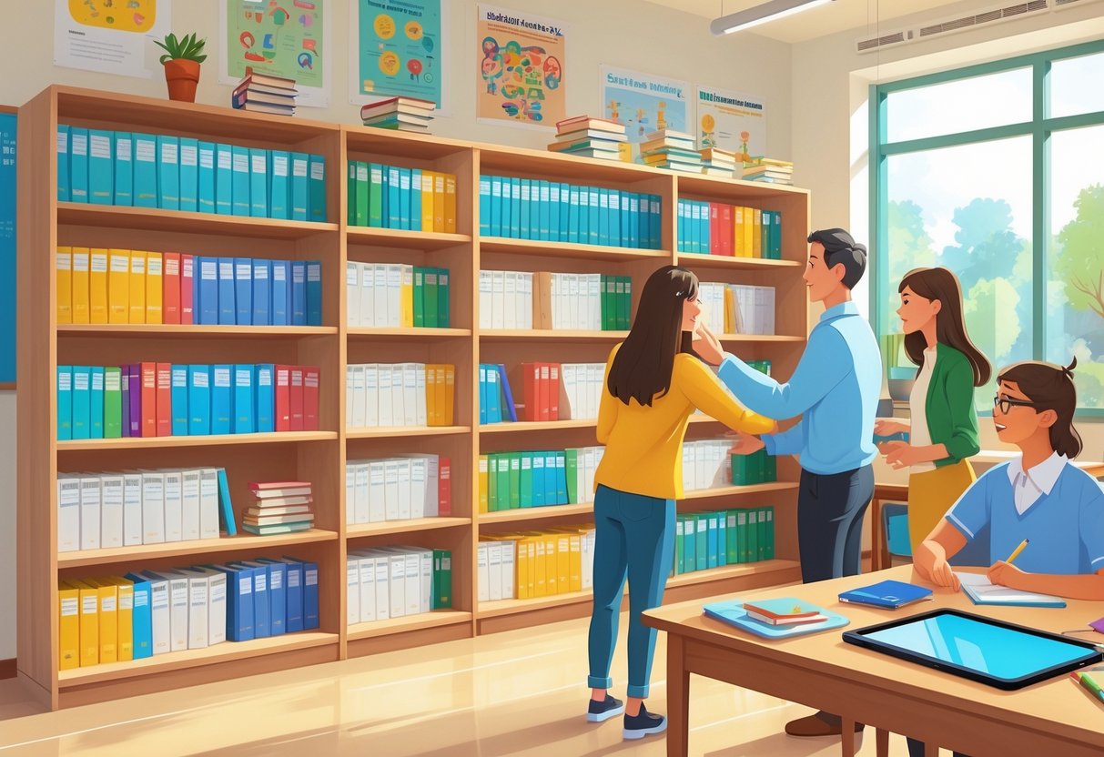 Premium Teaching Resources: Comprehensive Tools for Effective Learning LearningMole A classroom scene with a bookshelf organised by grade levels filled with educational books and teaching materials, with teachers and students interacting nearby.