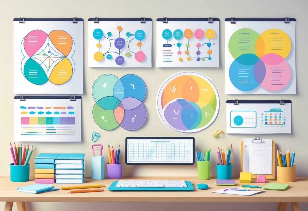 Premium Teaching Resources: Comprehensive Tools for Effective Learning LearningMole A desk with various colourful graphic organisers and visual teaching tools, including mind maps, flowcharts, Venn diagrams, and tables, surrounded by stationery items.