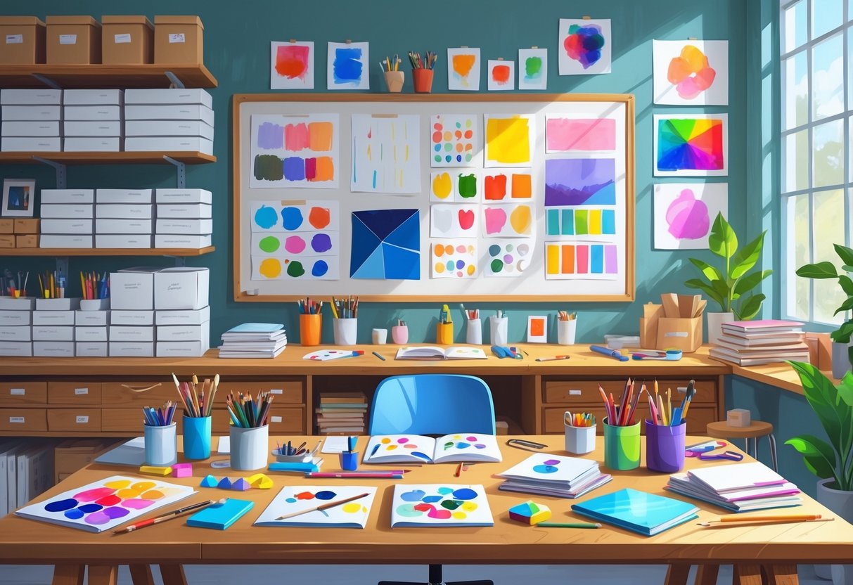 Premium Teaching Resources: Comprehensive Tools for Effective Learning LearningMole A well-organised creative arts and design workspace with art supplies, sketchbooks, and design tools on a desk, shelves with boxes and books, and a mood board with pinned images in the background.