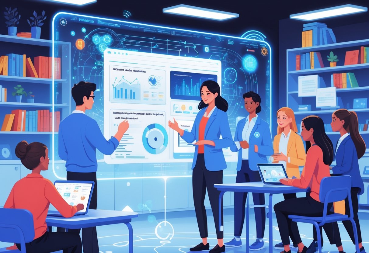 Premium Teaching Resources: Comprehensive Tools for Effective Learning LearningMole A teacher and diverse students in a modern classroom using advanced digital tools and holographic screens displaying interactive educational content powered by artificial intelligence.