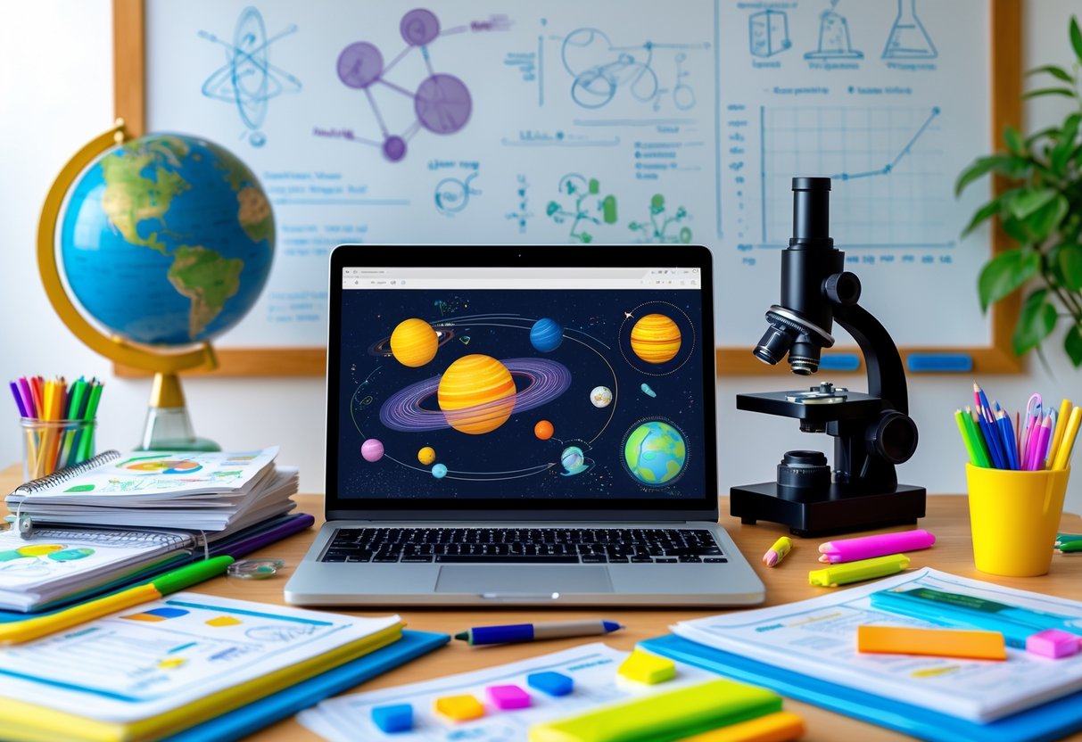 Science Teaching Resources: Comprehensive Guide for Educators LearningMole A teacher's desk with a laptop showing science diagrams, lesson plans, textbooks, stationery, a globe, and a microscope, with a whiteboard displaying scientific sketches in the background.
