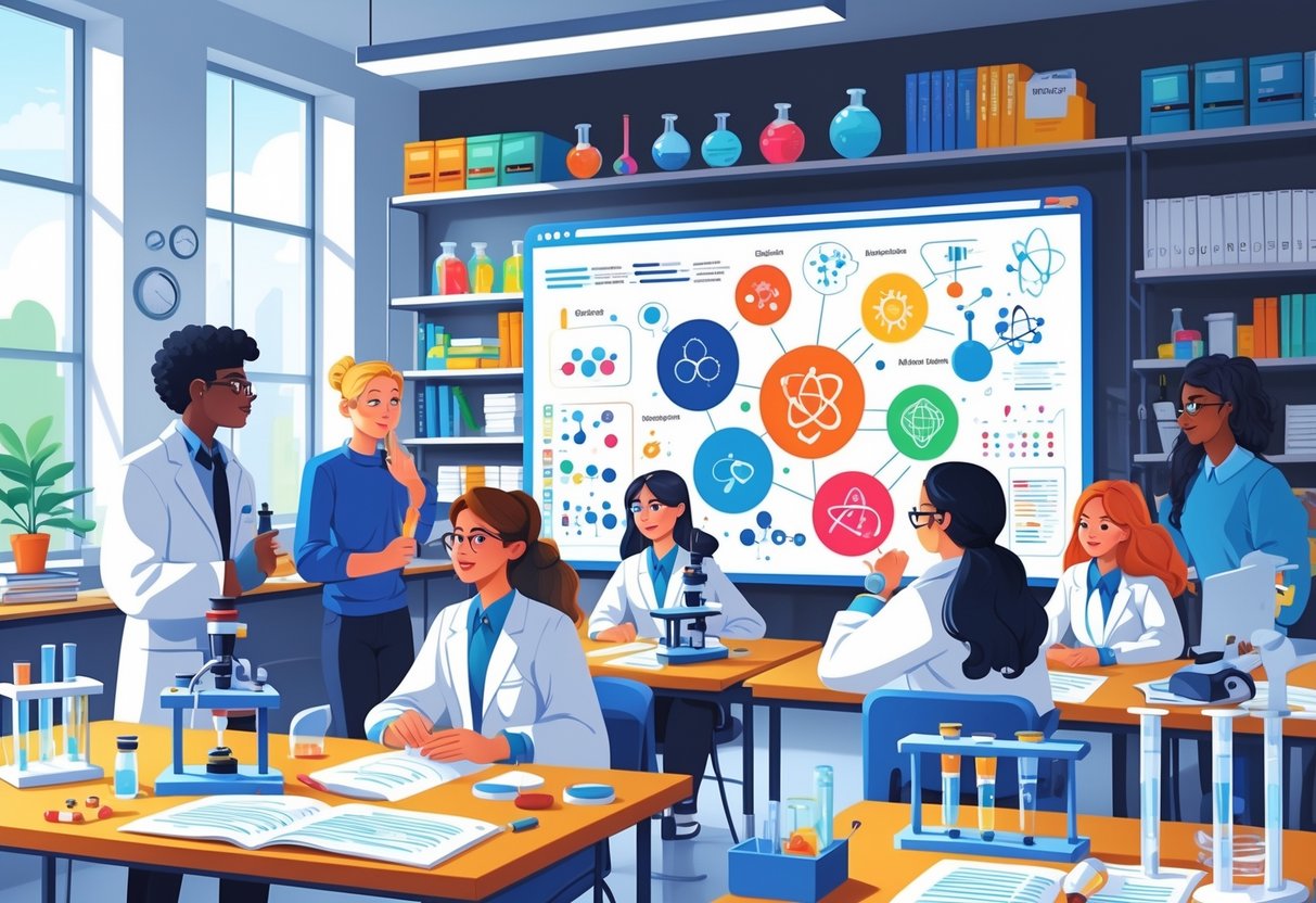 Science Teaching Resources: Comprehensive Guide for Educators LearningMole A teacher and students in a classroom using science tools like microscopes and molecular models, with scientific diagrams displayed on a screen in the background.