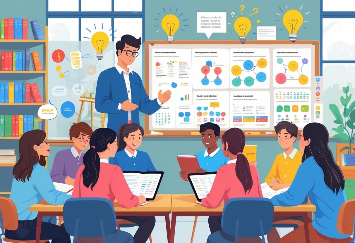 English Teaching Resources: Essential Tools for Educators LearningMole A teacher and diverse students studying English language materials together in a bright classroom with books, tablets, and educational charts visible.