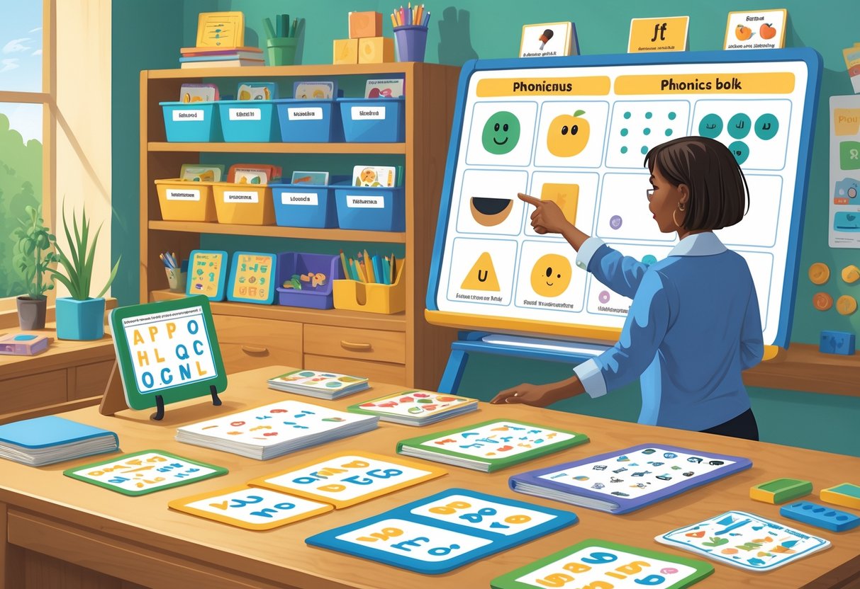 Phonics Teaching Resources: Comprehensive Guide for British Classrooms Phonics,Teaching Resources LearningMole A teacher's workspace with phonics teaching materials including flashcards, charts, storybooks, and an interactive whiteboard showing phonics symbols.