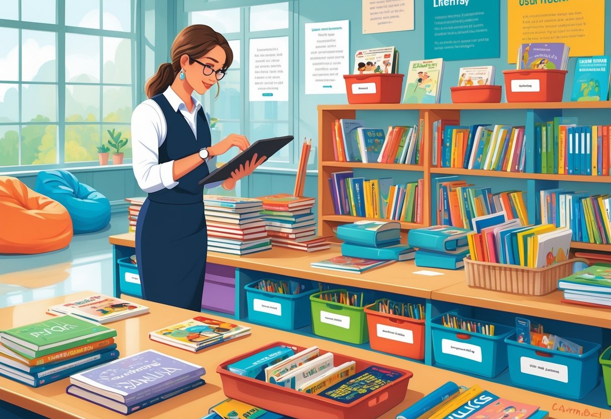 Reading Resources for Teachers: Essential Tools and Strategies LearningMole A teacher organising reading materials on shelves and tables in a classroom with books, baskets, and a cozy reading corner.