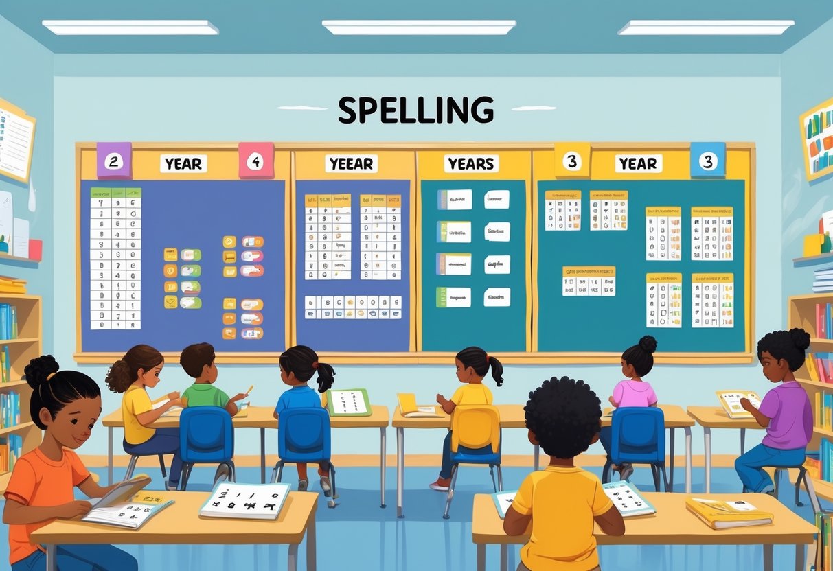 A classroom scene showing children using spelling learning materials organised by year groups with colourful displays and educational tools.