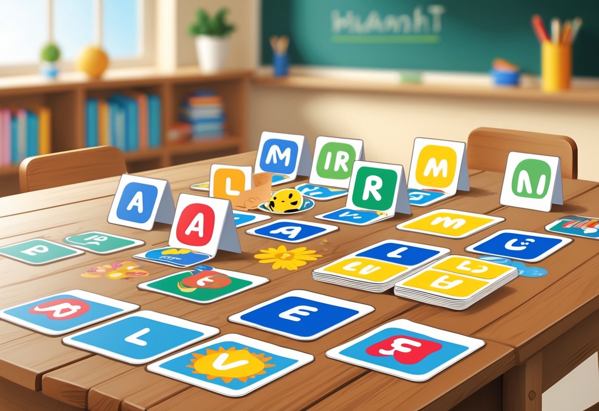 A set of colourful educational flashcards and word cards arranged on a table, showing letters and pictures used for teaching spelling.