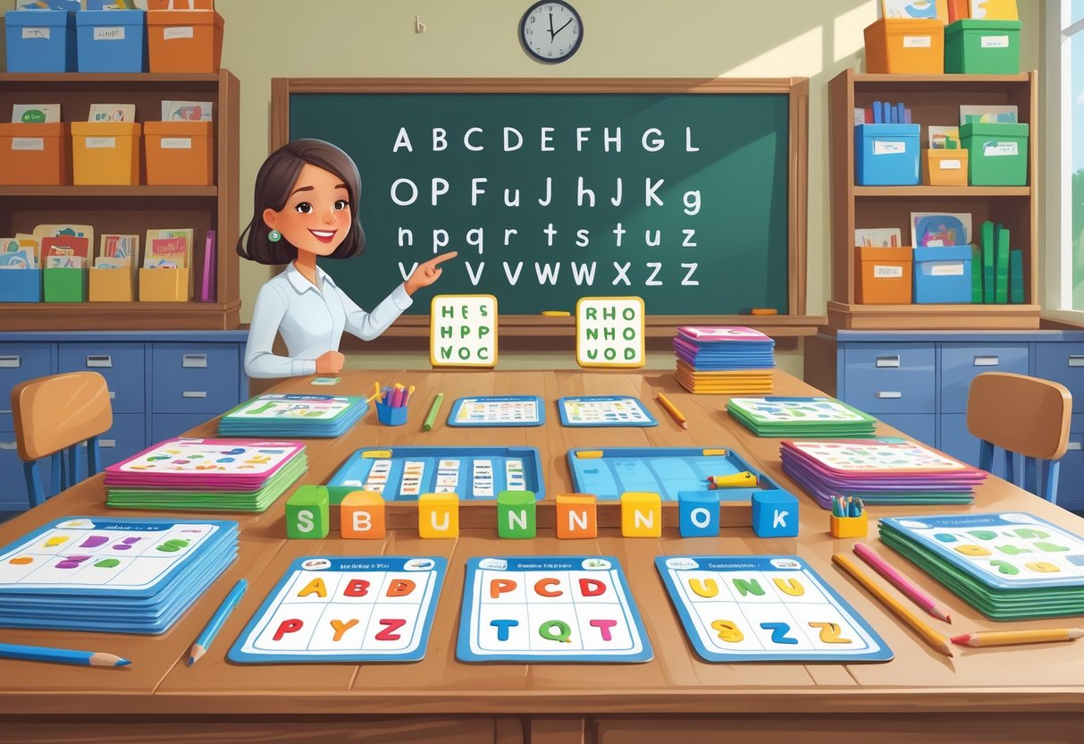 A classroom with a teacher pointing at a magnetic letter board surrounded by spelling materials like flashcards, workbooks, and letter blocks on a desk.
