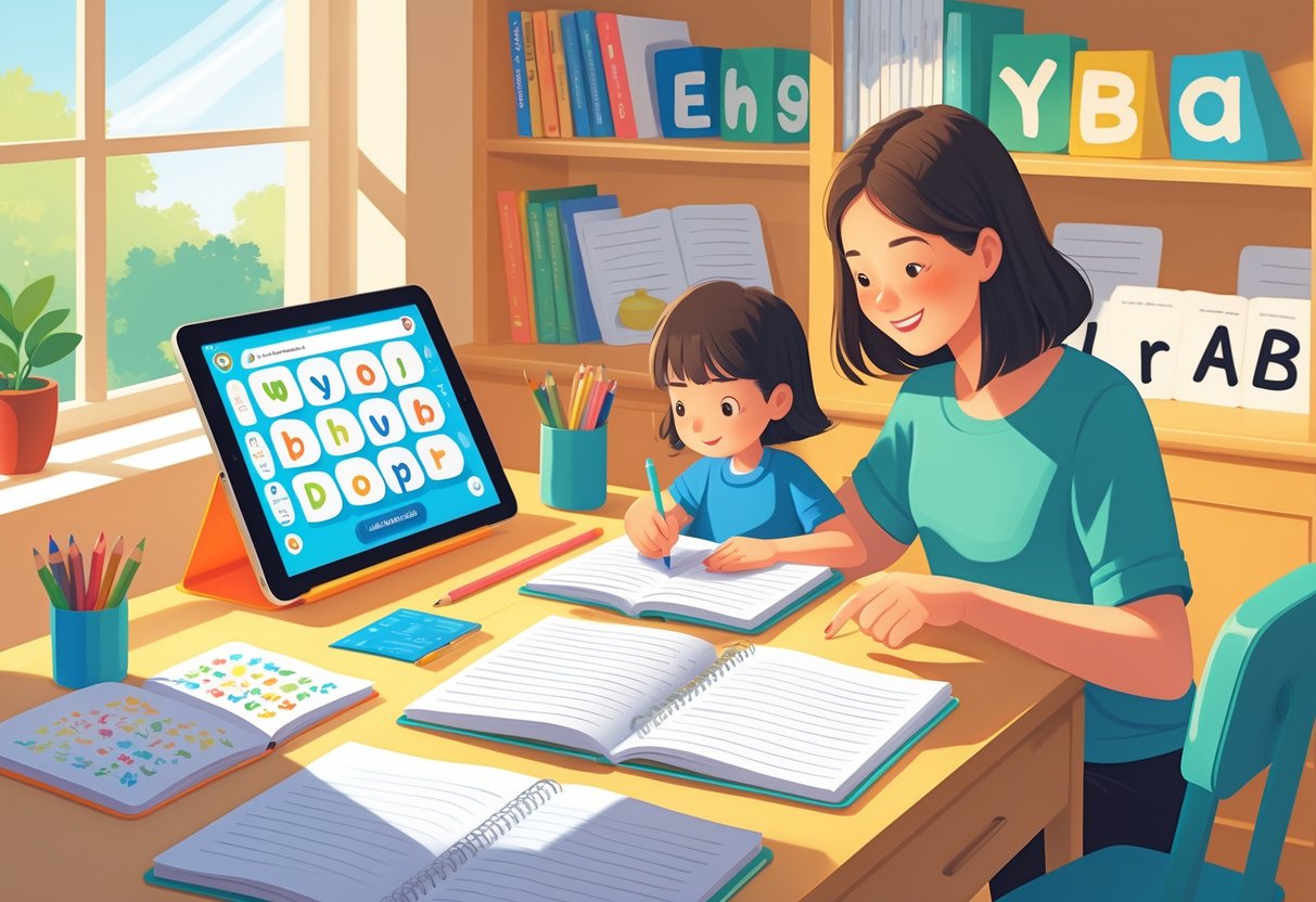 Spelling Teaching Resources: Comprehensive Tools & Activities Spelling LearningMole A child and an adult working together at a desk on spelling homework with notebooks, pencils, and educational materials in a bright home study area.