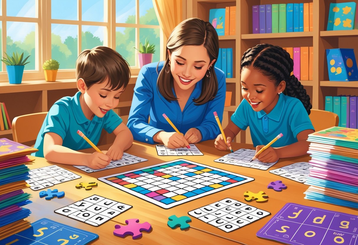 A teacher helps two children working together on a crossword puzzle and letter-shaped puzzle pieces at a table in a classroom.