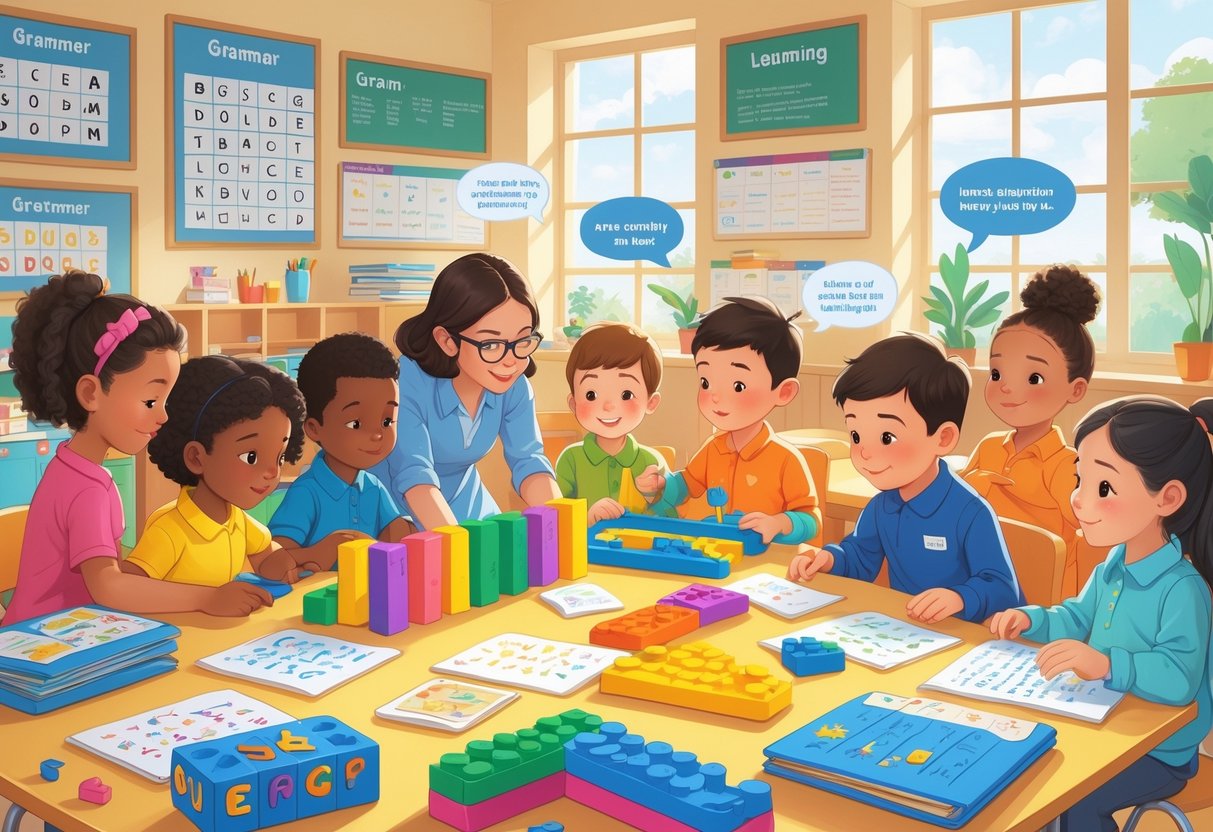 Grammar Teaching Resources: A Comprehensive Guide for Educators grammar LearningMole Children with special educational needs learning grammar with a teacher in a bright, inclusive classroom using colourful educational tools.