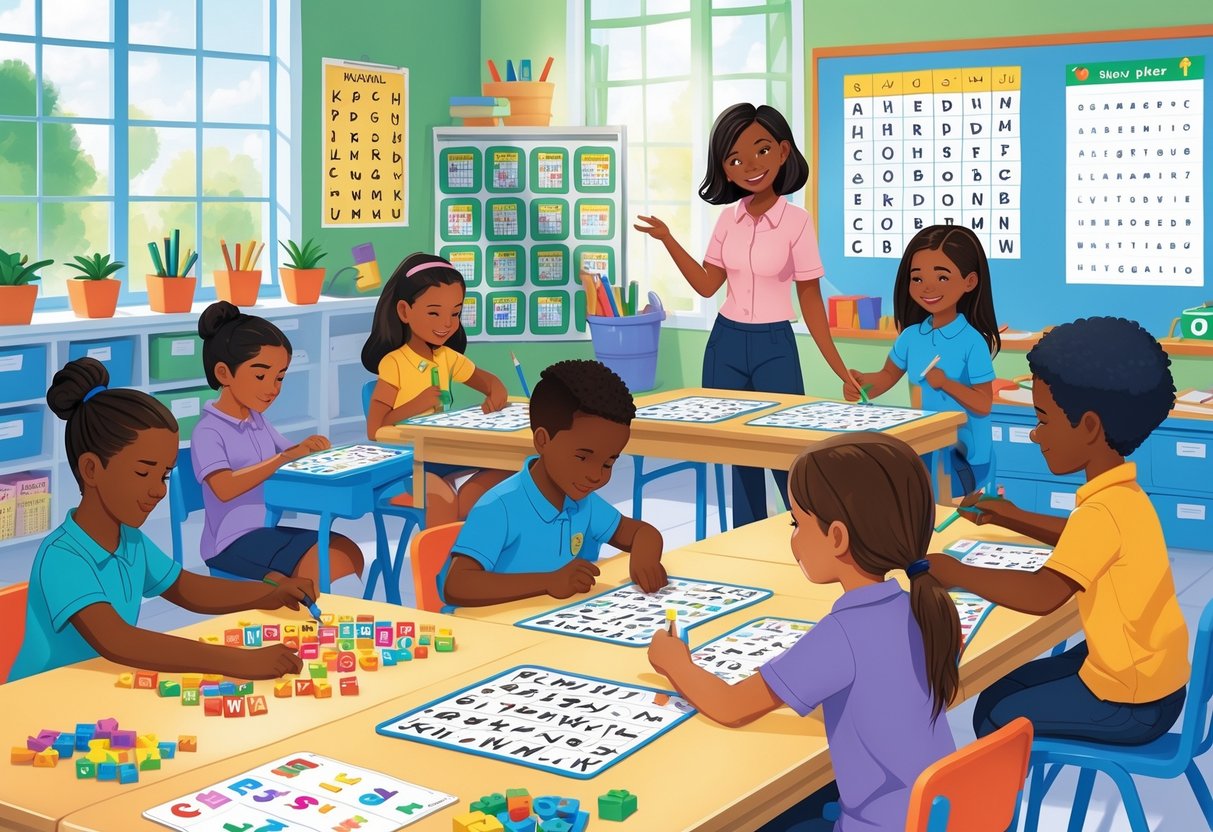 Children working in small groups on spelling activities in a bright classroom with a teacher assisting them.