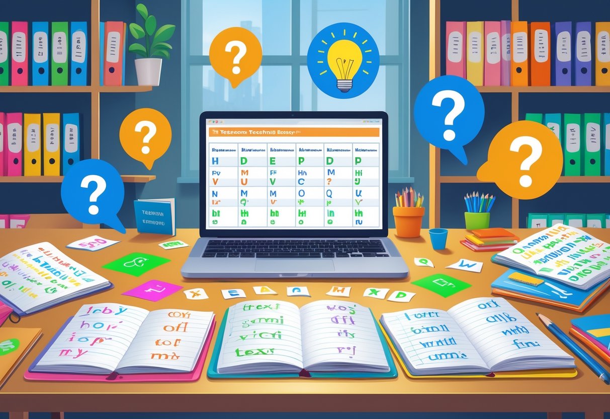 Spelling Teaching Resources: Comprehensive Tools & Activities Spelling LearningMole A tidy educational workspace with notebooks, alphabet flashcards, a laptop, and icons of question marks and light bulbs floating above, representing spelling teaching resources and frequently asked questions.