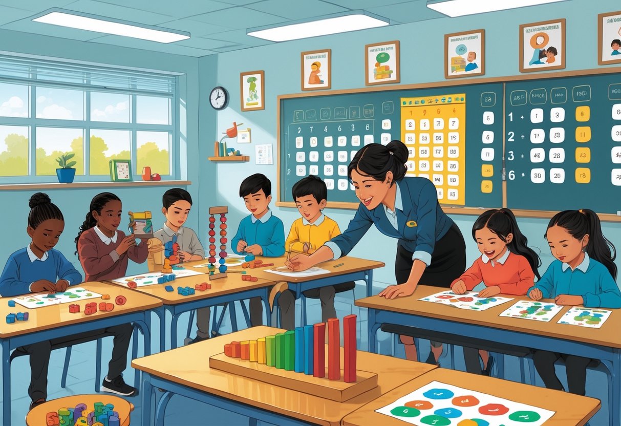 Times Tables Resources: Best Ways to Master Multiplication LearningMole A classroom where diverse young students use tactile and visual resources to learn times tables, with a teacher helping them in a supportive environment.