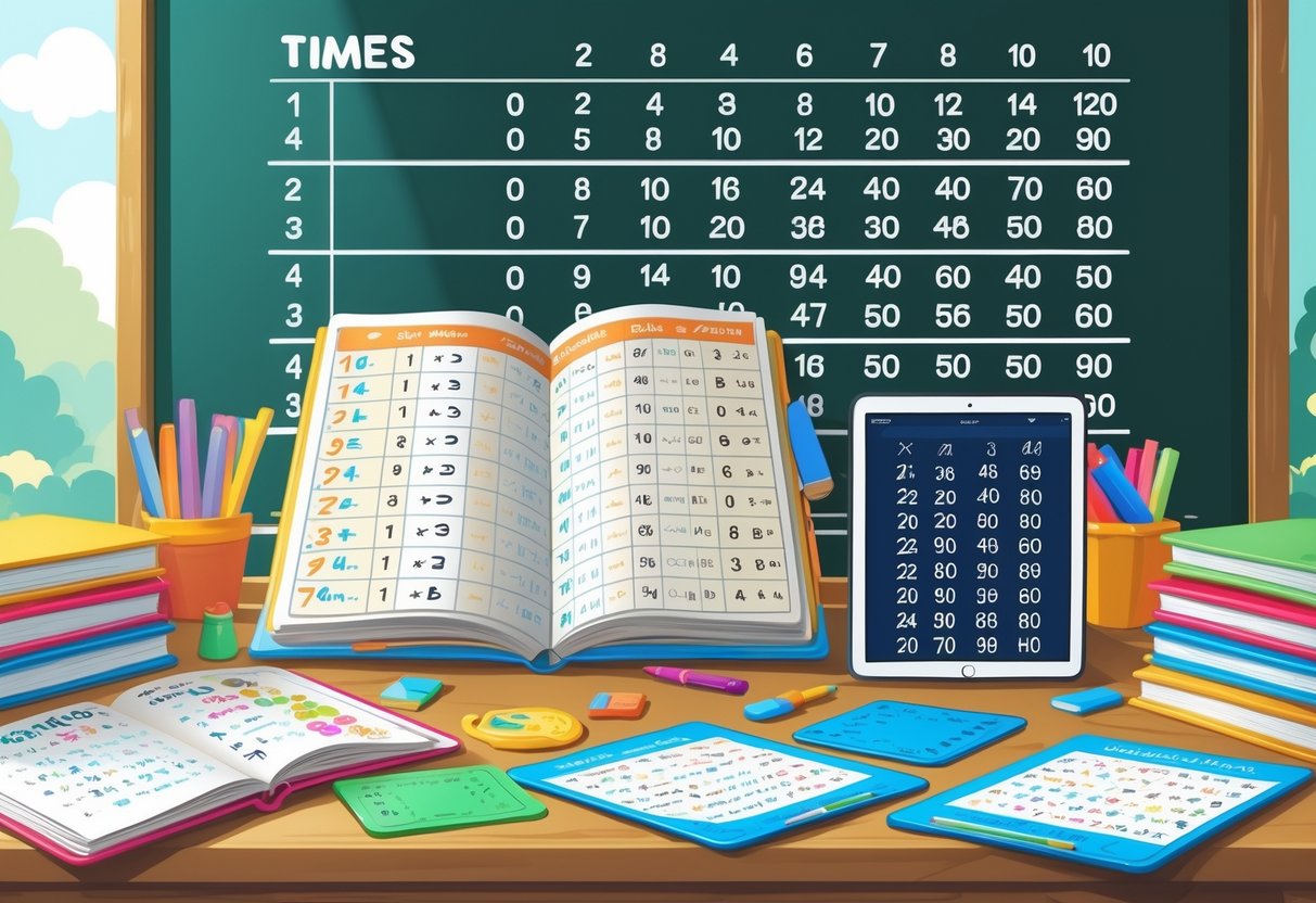 Times Tables Resources: Best Ways to Master Multiplication Times Tables LearningMole A classroom desk with colourful books, worksheets, a multiplication chart, flashcards, and a tablet showing times tables, with a number grid on a board in the background.