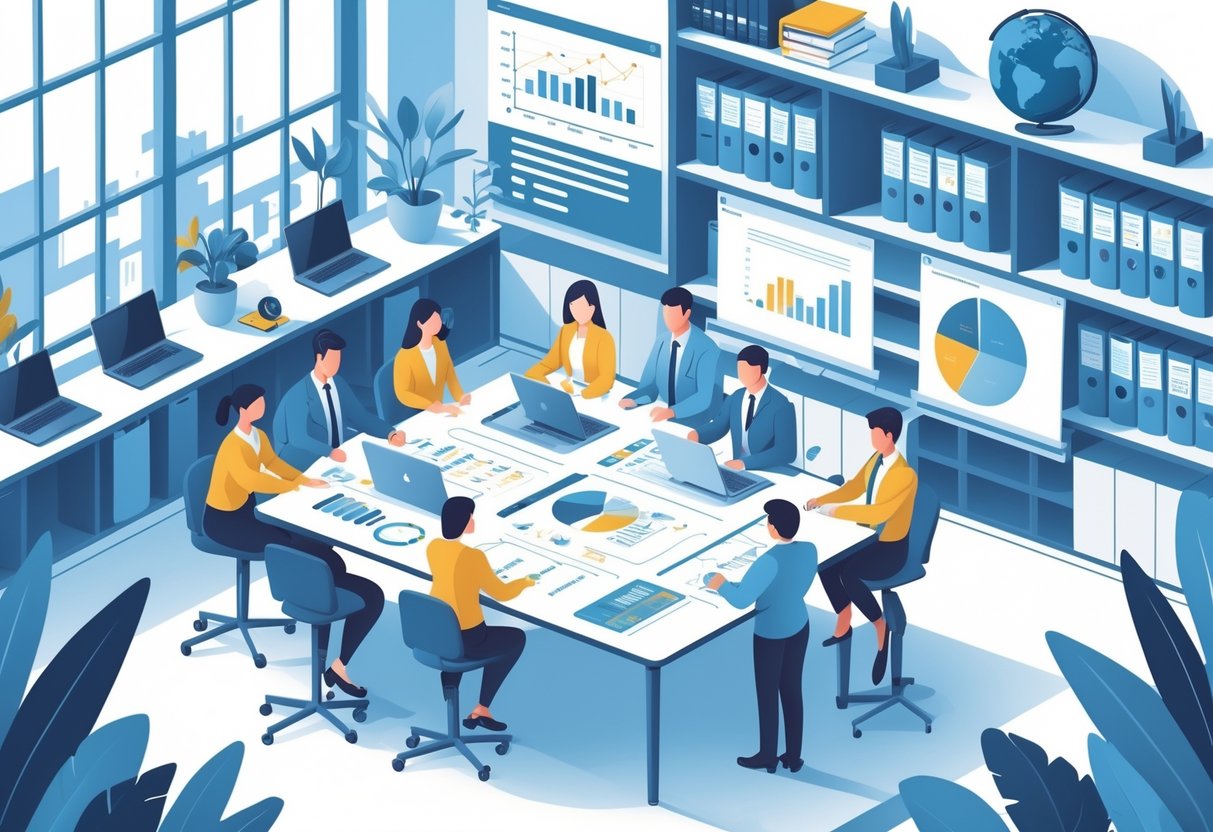 Statistics Teaching Resources: Essential Tools for Every Statistics Teacher statistics LearningMole A group of educators and statisticians working together around a table with laptops and charts in a bright office filled with books and data visualisations.