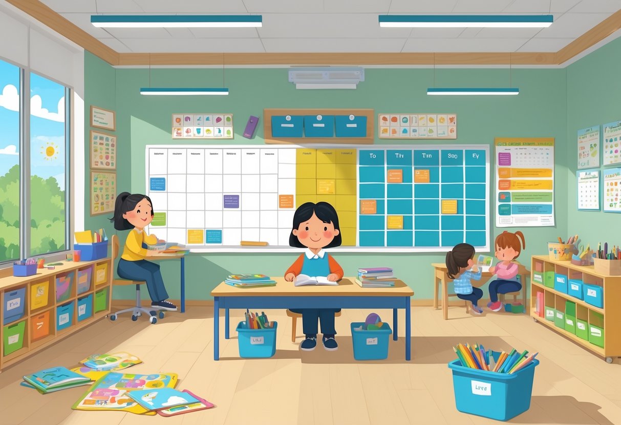 EYFS Teaching Resources: Essential Tools for Early Years Success LearningMole A teacher organising teaching materials in a bright classroom with children engaged in different learning activities around the room.