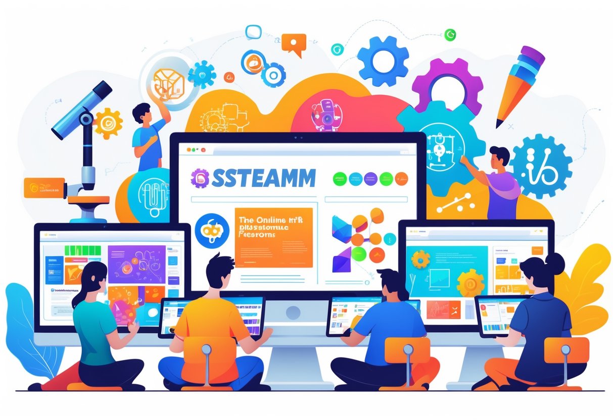 STEAM Teaching Resources: Essential Tools for Creative Classrooms LearningMole A digital workspace with computers and tablets showing interactive STEAM educational content, surrounded by symbols representing science, technology, engineering, arts, and mathematics, with students and educators engaging with the resources.