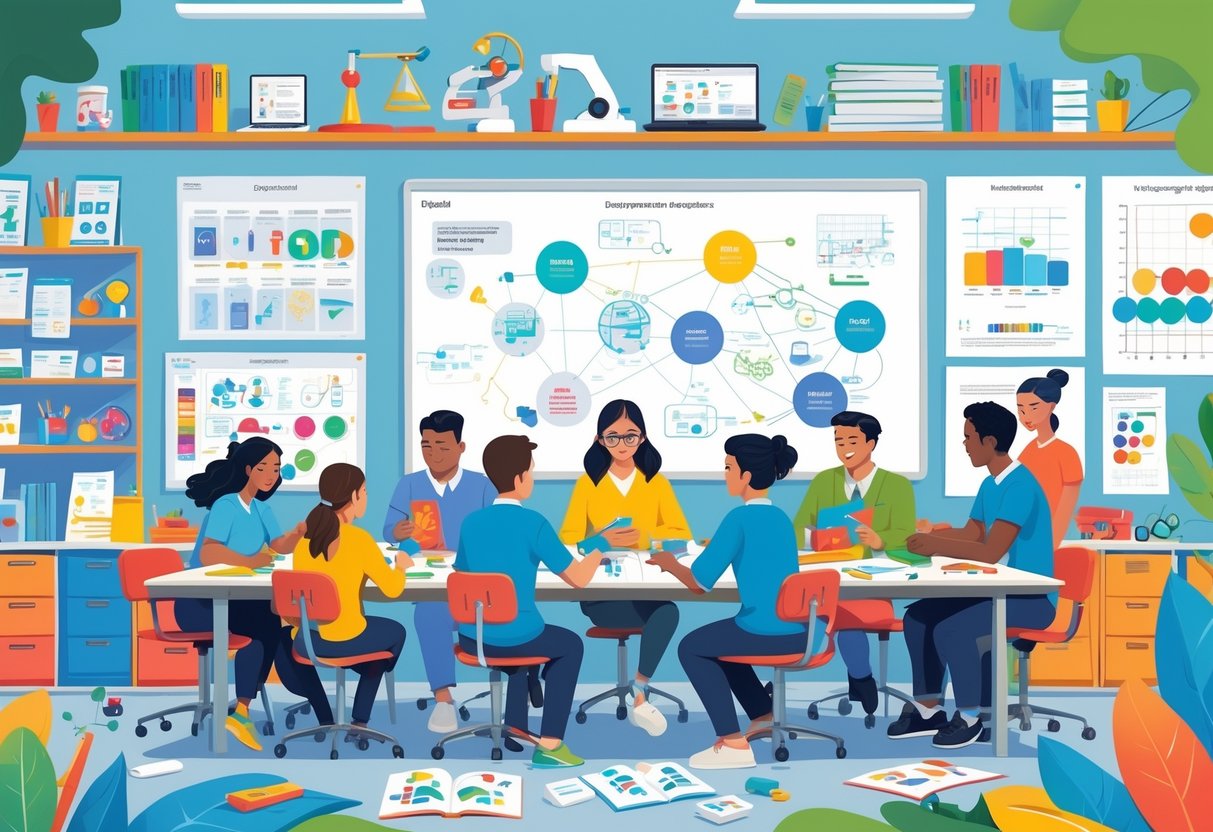 STEAM Teaching Resources: Essential Tools for Creative Classrooms LearningMole A group of educators and students working together in a bright classroom filled with STEAM teaching materials and tools, actively engaged in developing a curriculum.