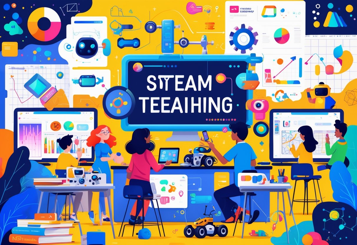 STEAM Teaching Resources: Essential Tools for Creative Classrooms LearningMole A classroom scene showing students and a teacher using digital tablets, robotics kits, art supplies, and holographic displays to learn science, technology, engineering, arts, and mathematics together.