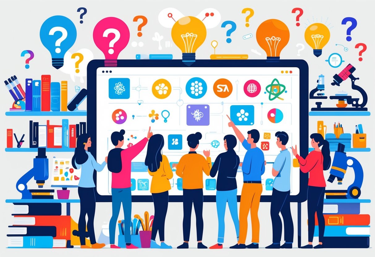 STEAM Teaching Resources: Essential Tools for Creative Classrooms LearningMole A group of teachers and students gathered around a digital screen with icons representing science, technology, engineering, arts, and maths in a classroom filled with educational tools.