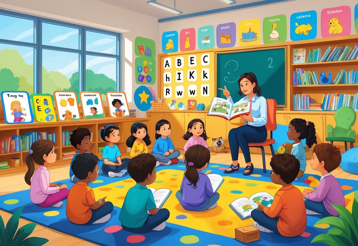 Year 1 Teaching Resources: Essential Tools for KS1 Success LearningMole A teacher reading a book to young children sitting on a colourful carpet in a bright classroom filled with books and learning materials.