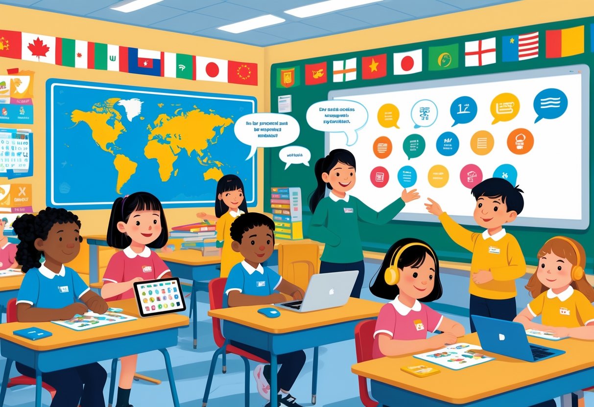 Year 5 Teaching Resources: Comprehensive Guide for Teachers LearningMole Children in a classroom using tablets and laptops to learn foreign languages, guided by a teacher with educational materials and a digital whiteboard showing language tools.