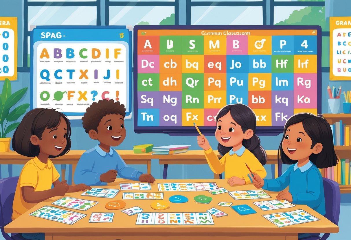 Year 4 Teaching Resources: Comprehensive Tools for Effective Learning LearningMole A group of four children working together at a table with colourful spelling and grammar learning materials in a bright classroom.