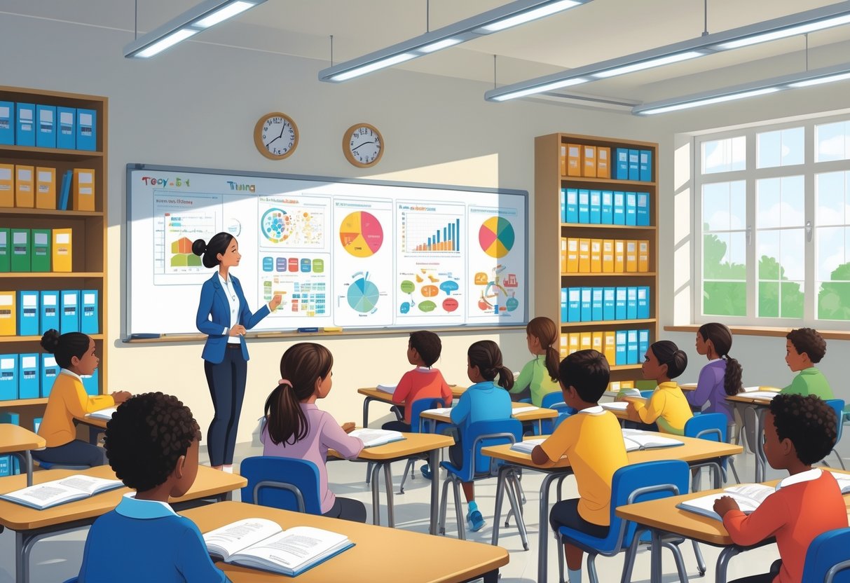 Year 5 Teaching Resources: Comprehensive Guide for Teachers LearningMole A teacher in a classroom with Year 5 children sitting at desks surrounded by educational materials and shelves with organised resources.