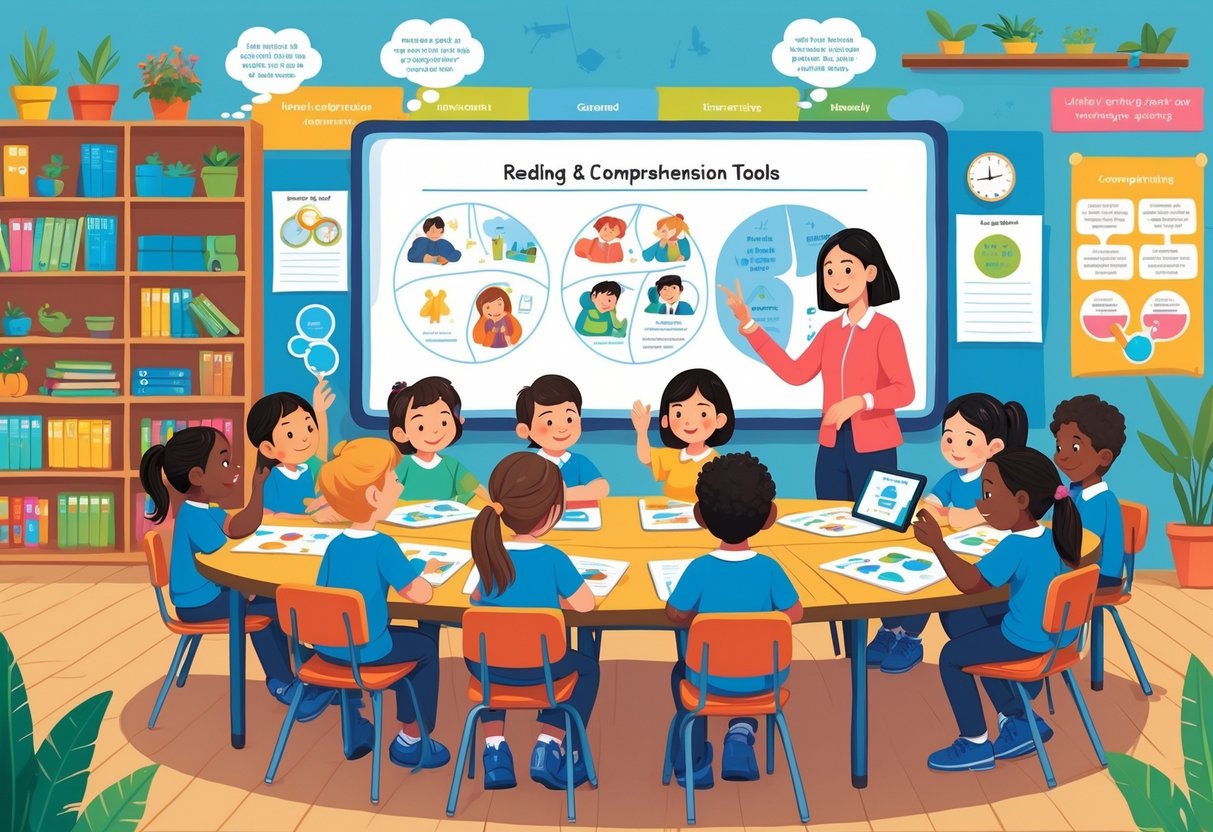 Year 4 Teaching Resources: Comprehensive Tools for Effective Learning LearningMole Children and a teacher in a classroom using books, tablets, and visual aids to learn reading and comprehension skills.