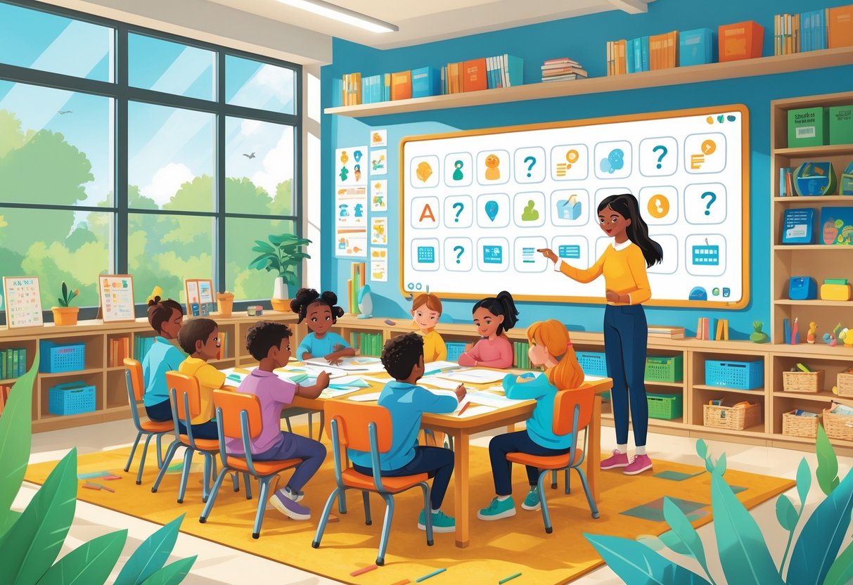 KS2 Teaching Resources: Top Tools, Ideas & Planning Support For Teachers LearningMole A classroom with children and a teacher interacting around a table with books and learning materials, with an interactive whiteboard showing question and answer icons.