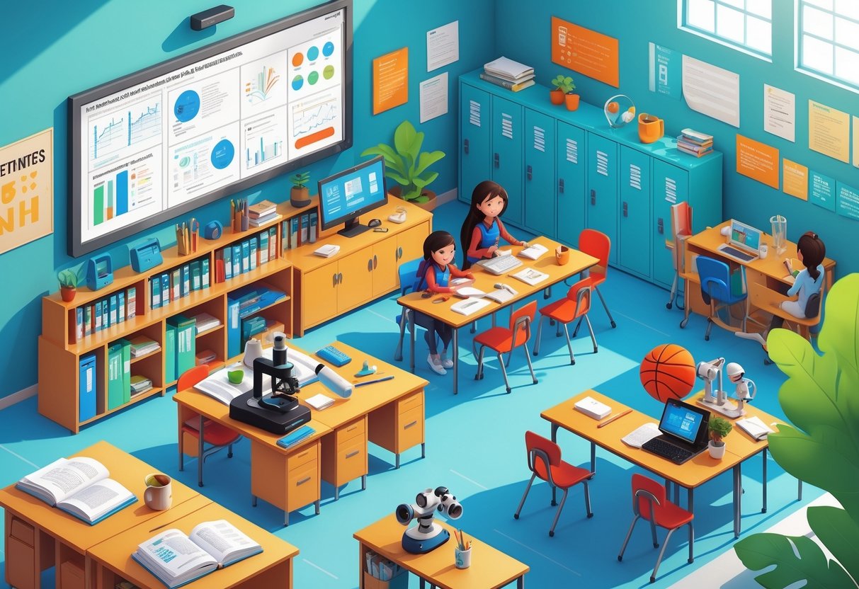 Secondary School Resources: Comprehensive Tools for Enhanced Learning LearningMole A classroom scene showing various secondary school resources including textbooks, digital tablets, science lab equipment, computers, sports gear, and a library area with books.