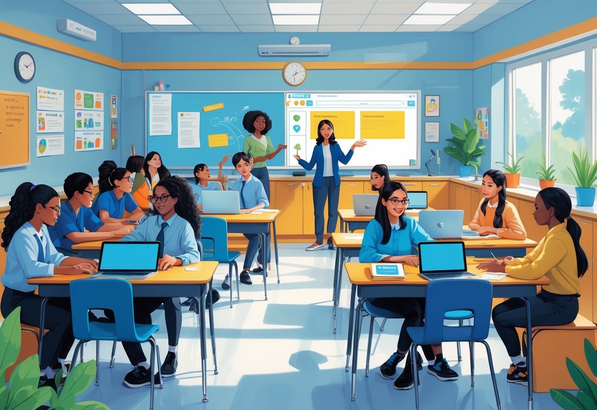 Secondary School Resources: Comprehensive Tools for Enhanced Learning LearningMole A secondary school classroom where students work together using tablets and laptops, with a teacher supporting their collaborative activities.